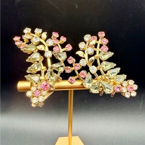 Vintage Hattie Carnegie rhinestone ear climber earrings with pink & green stones